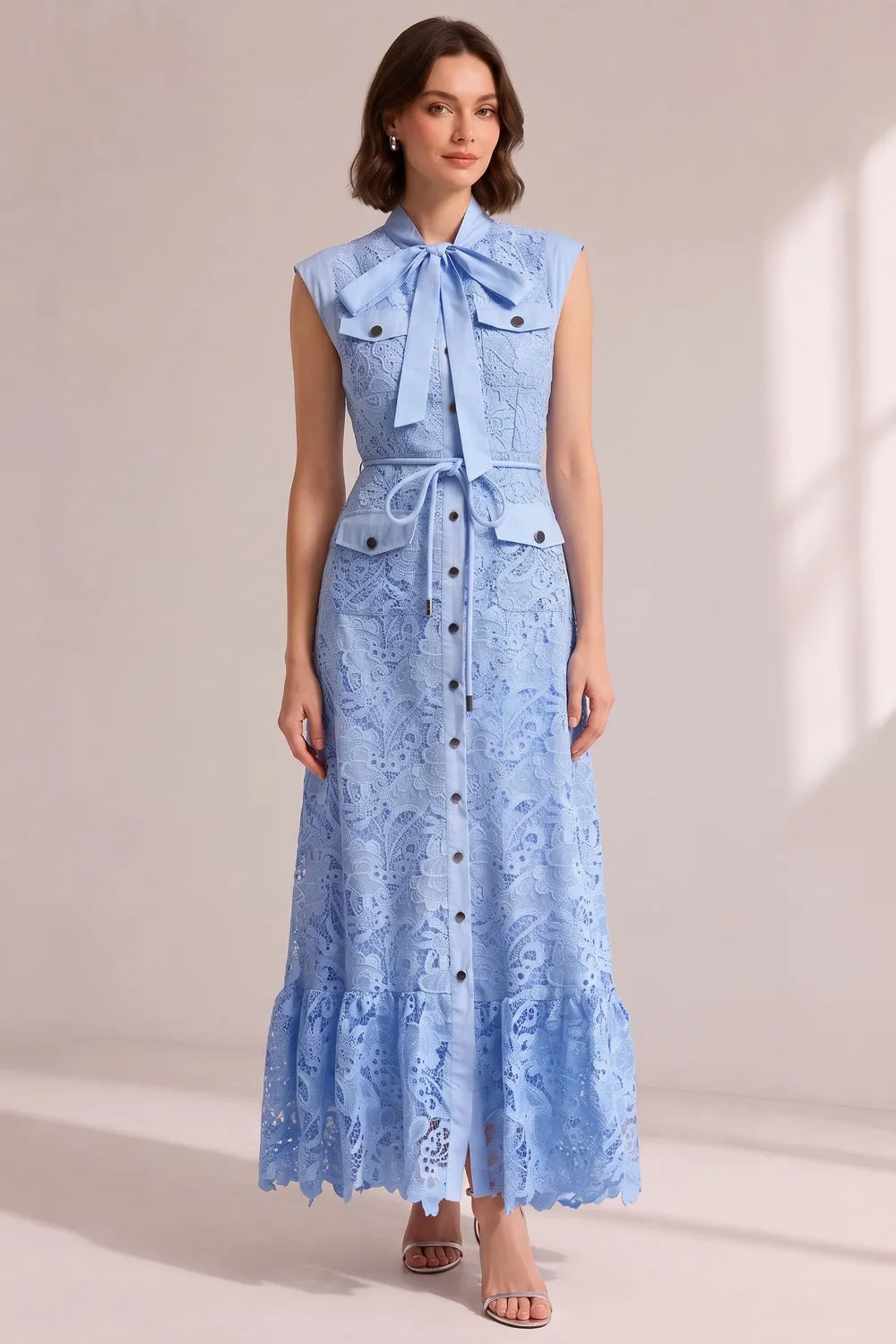 Sky Blue Sleeveless Tie Neck Cargo Pocket Floral Lace Midi Shirt Dress - OWNCI Sky Blue Sleeveless Tie Neck Cargo Pocket Floral Lace Midi Shirt Dress - OWNCI