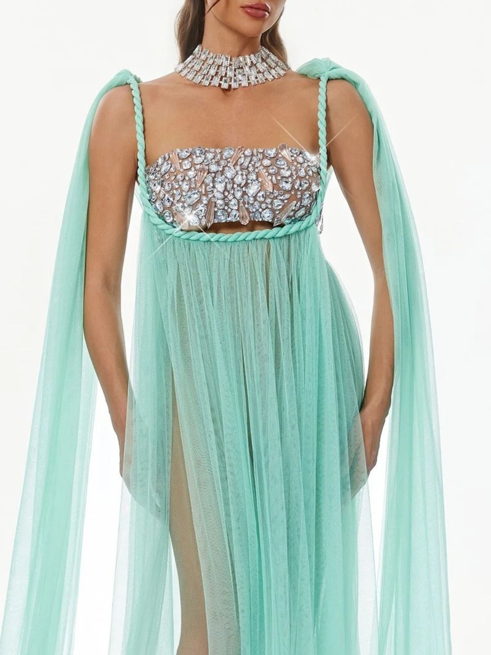 Gefen Cape Sleeve Crystal Tulle Dress Set - OWNCI Gefen Cape Sleeve Crystal Tulle Dress Set - OWNCI