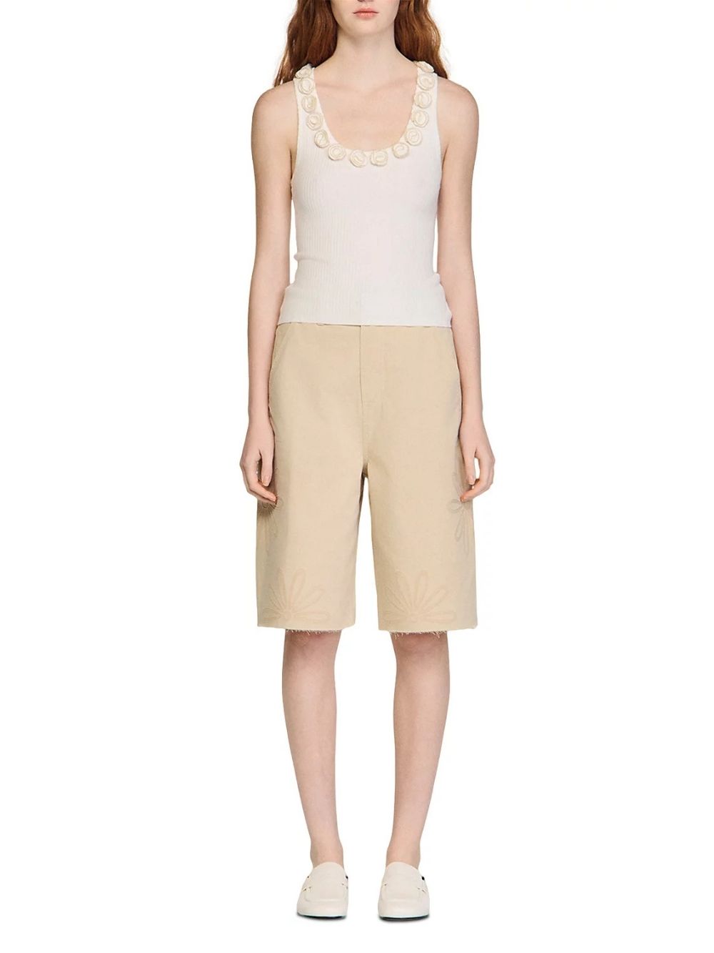 Beaded Roses Ribbed Knit Top - OWNCI