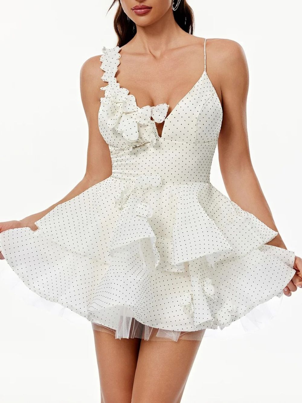 Xexis V Neck Tiered Dot Mini Dress In White - OWNCI Xexis V Neck Tiered Dot Mini Dress In White - OWNCI