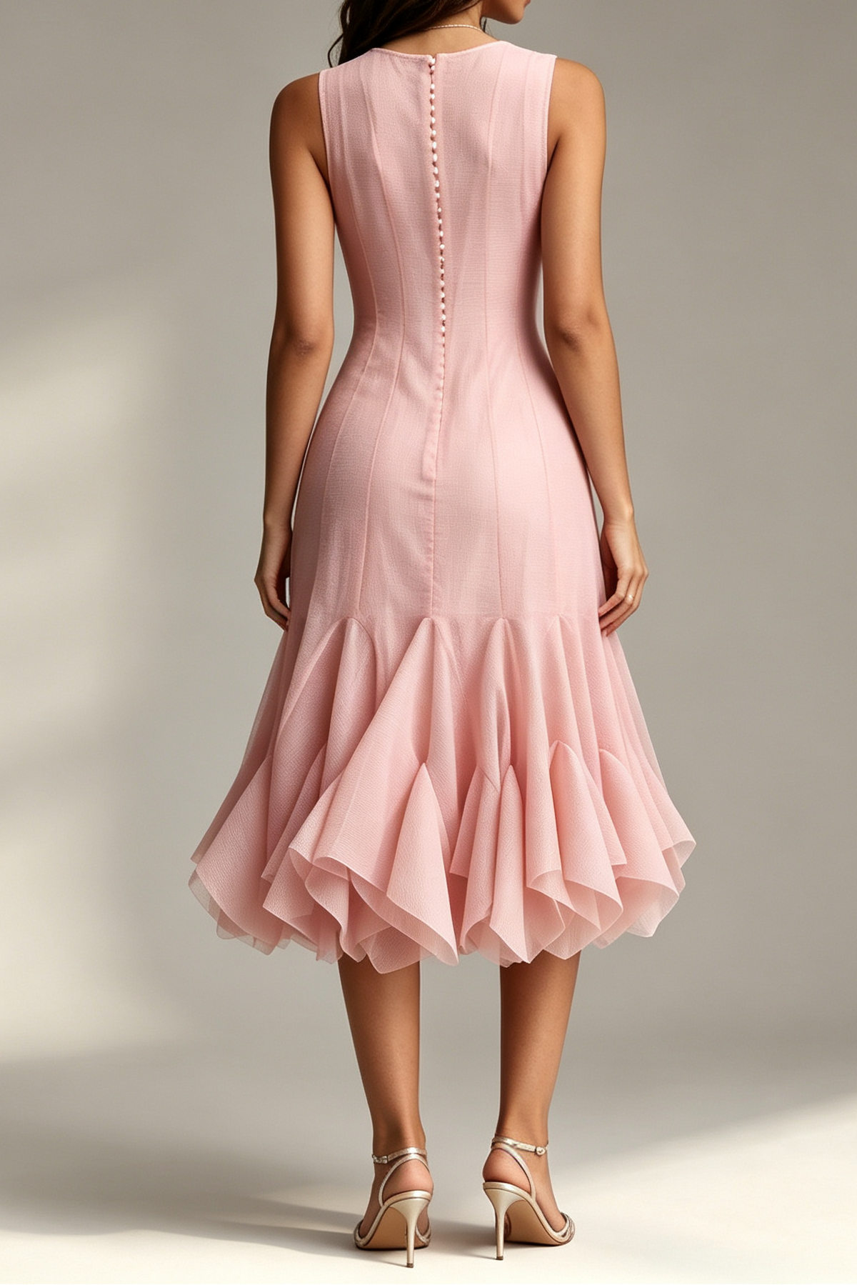 Blush Pink Crew Neck Sleeveless Vertical Button Front Flared Ruffle Hem Midi Dress - OWNCI Blush Pink Crew Neck Sleeveless Vertical Button Front Flared Ruffle Hem Midi Dress - OWNCI