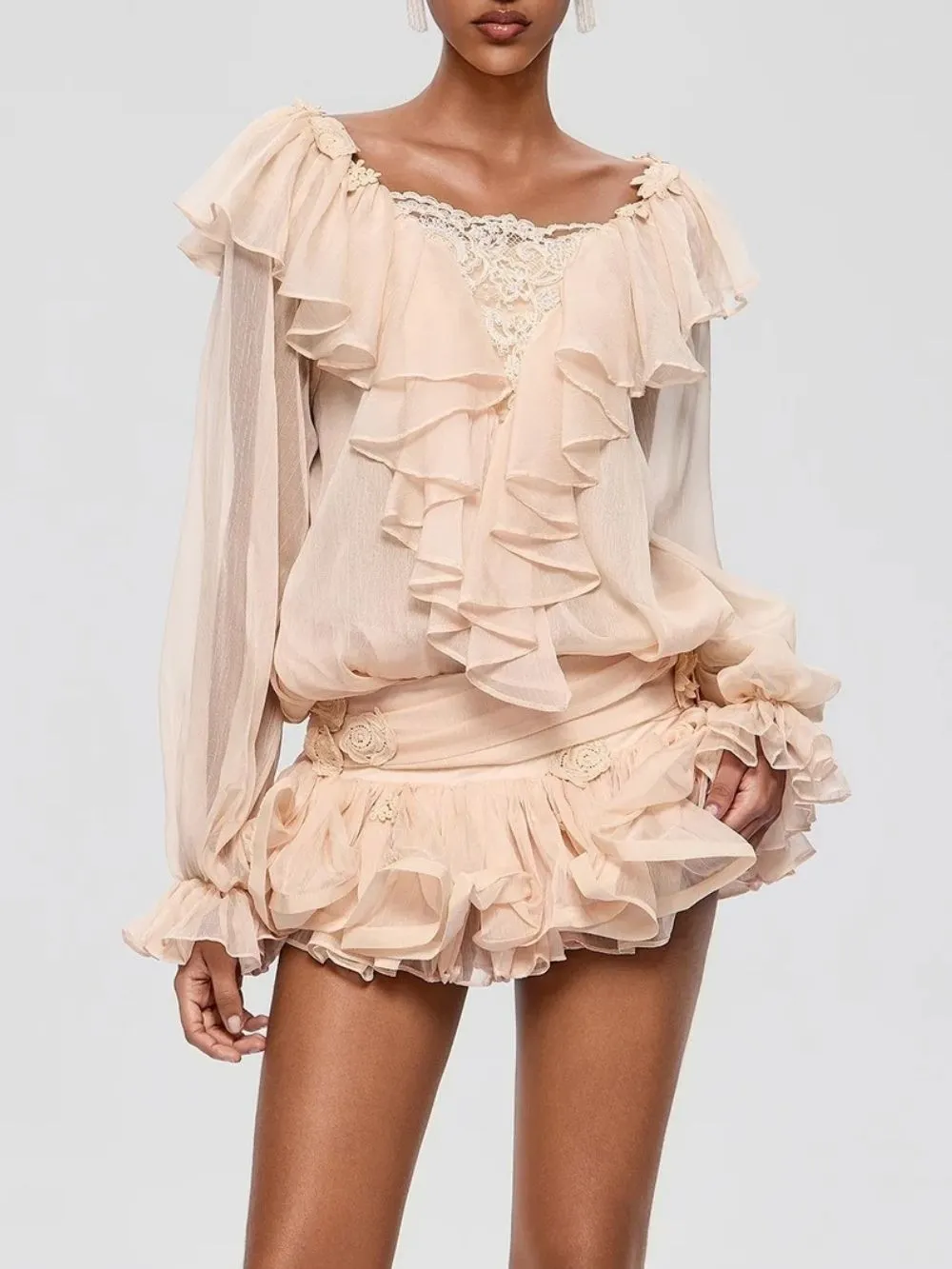 Franka Flare Sleeve Ruffle Lace Mini Dress - OWNCI