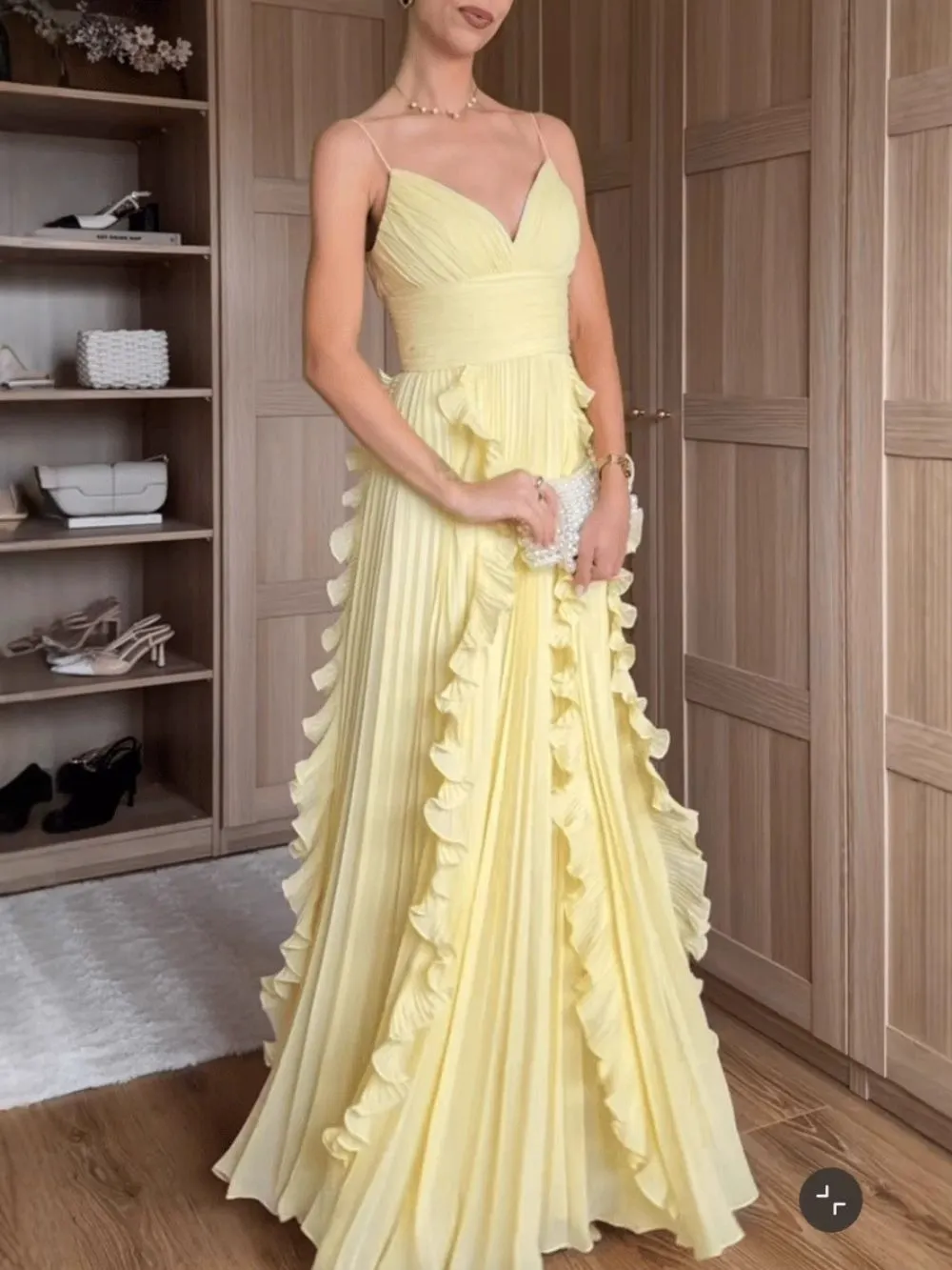 Marvene Spaghetti V-Neck Ruffle Pleated Maxi Dress - OWNCI