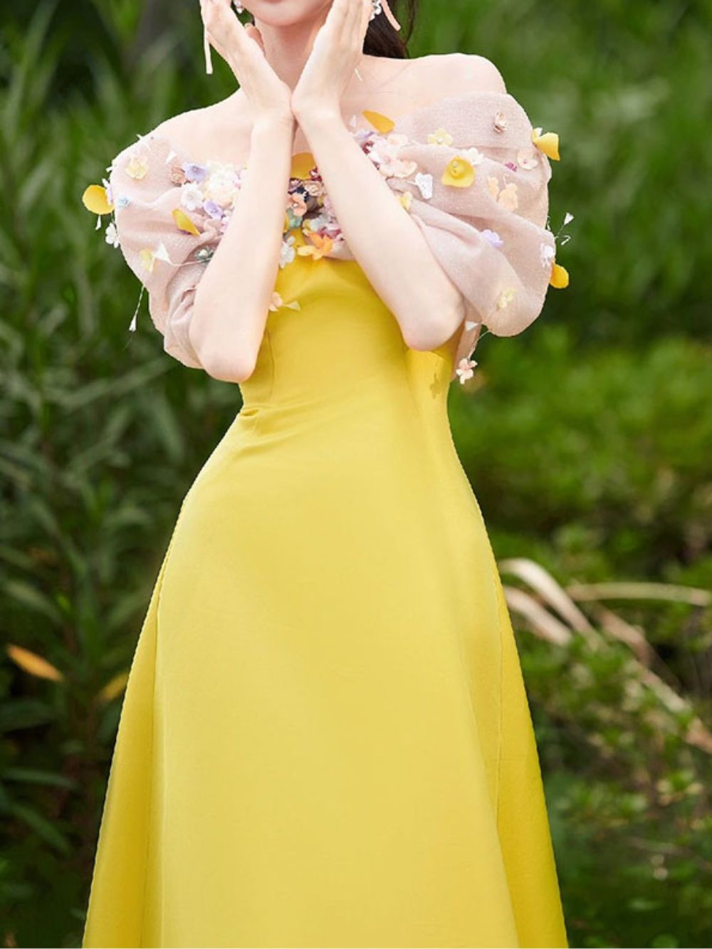 Bright Yellow Satin Strapless Maxi Gown With 3D Colorful Floral Tulle Bust - OWNCI Bright Yellow Satin Strapless Maxi Gown With 3D Colorful Floral Tulle Bust - OWNCI
