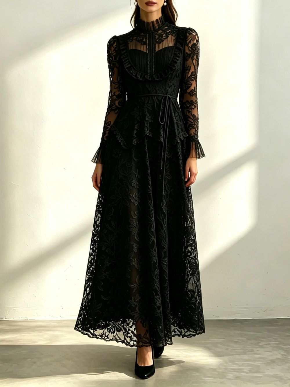 Cream Floral Lace Ruffle High Neck Long Sleeve Belted Maxi Dress - OWNCI
