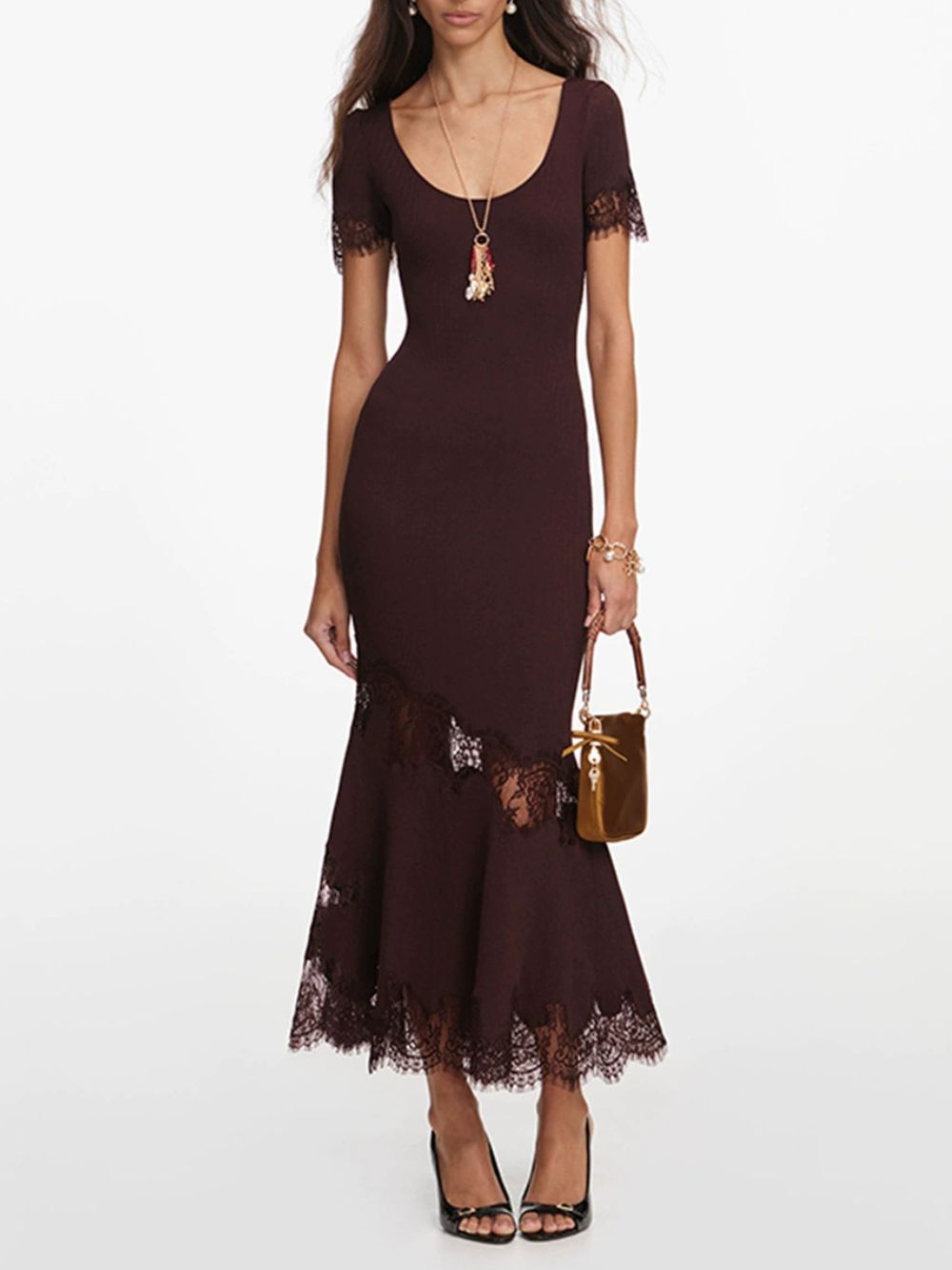 LATONYA BROWN U-NECK LACE MIDI DRESS - OWNCI