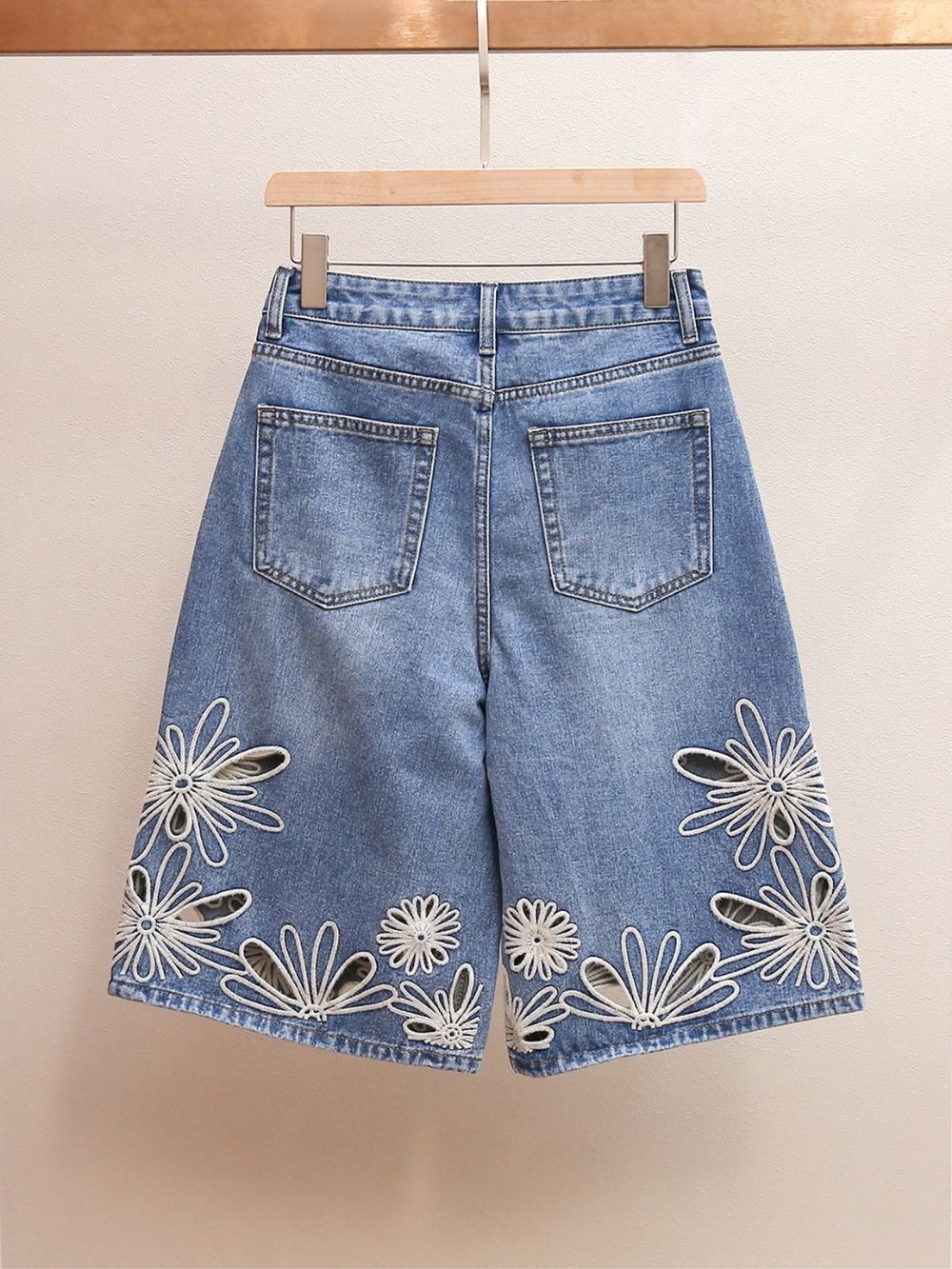 Embroidered Denim Bermuda Shorts in Blue Jean - OWNCI