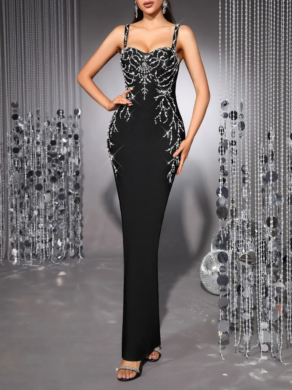 Mariza Black Strappy Diamante Bandage Maxi Dress - OWNCI