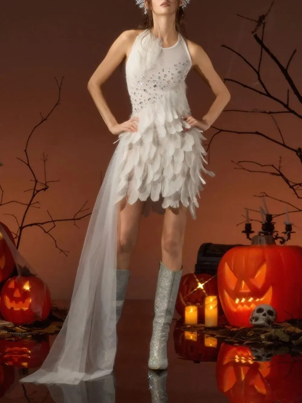 Gesine Halterneck Crystal Feather Draped Dress - OWNCI