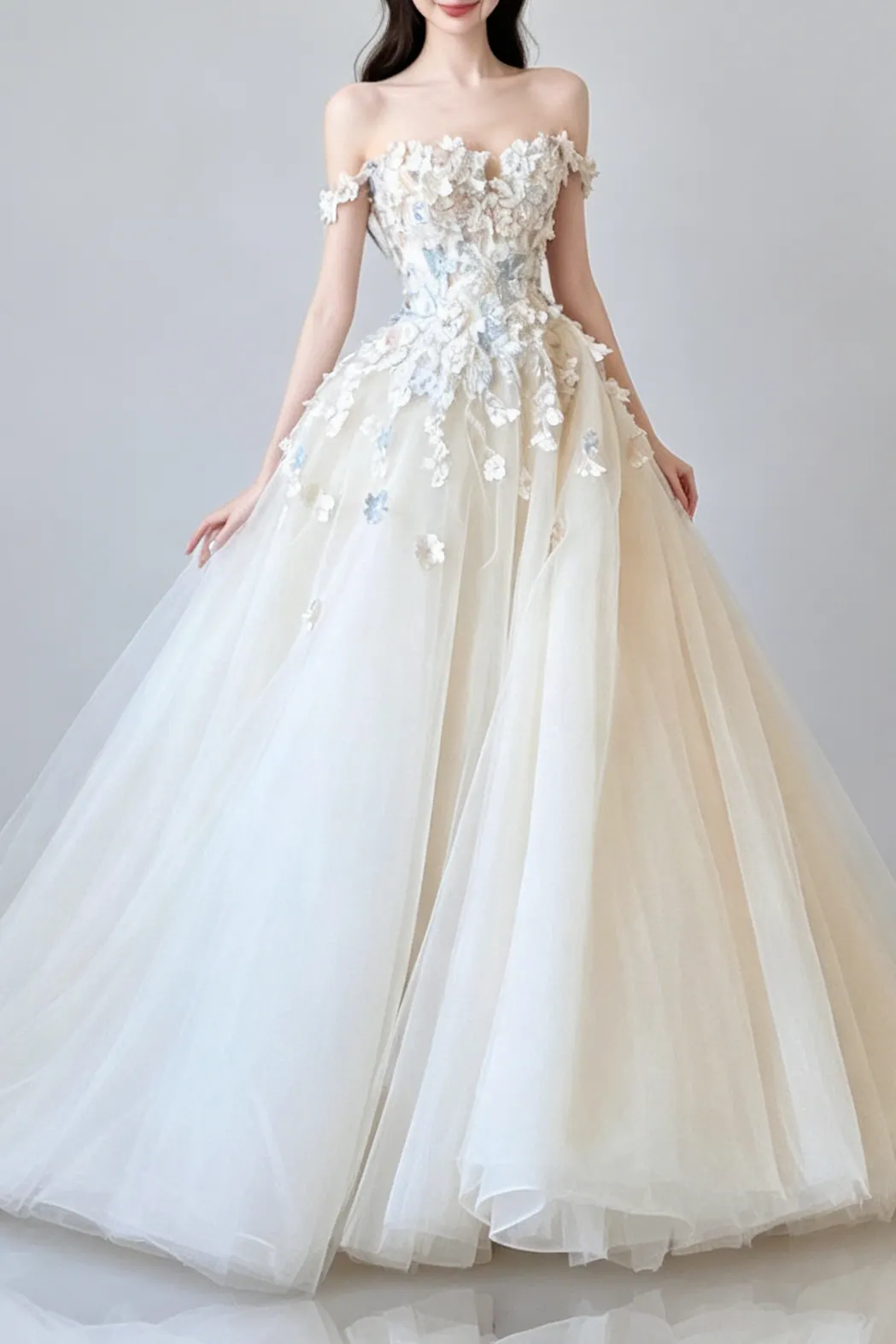 Off Shoulder 3D Floral Tulle Ball Gown Wedding Dress - OWNCI Off Shoulder 3D Floral Tulle Ball Gown Wedding Dress - OWNCI