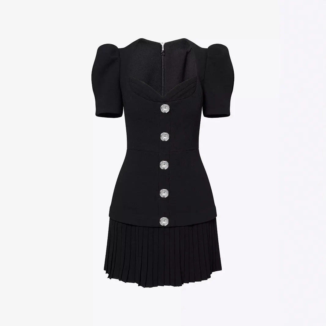 Black Sweetheart Square Neck Rhinestone Button Puff Sleeve Pleated Mini Dress - OWNCI