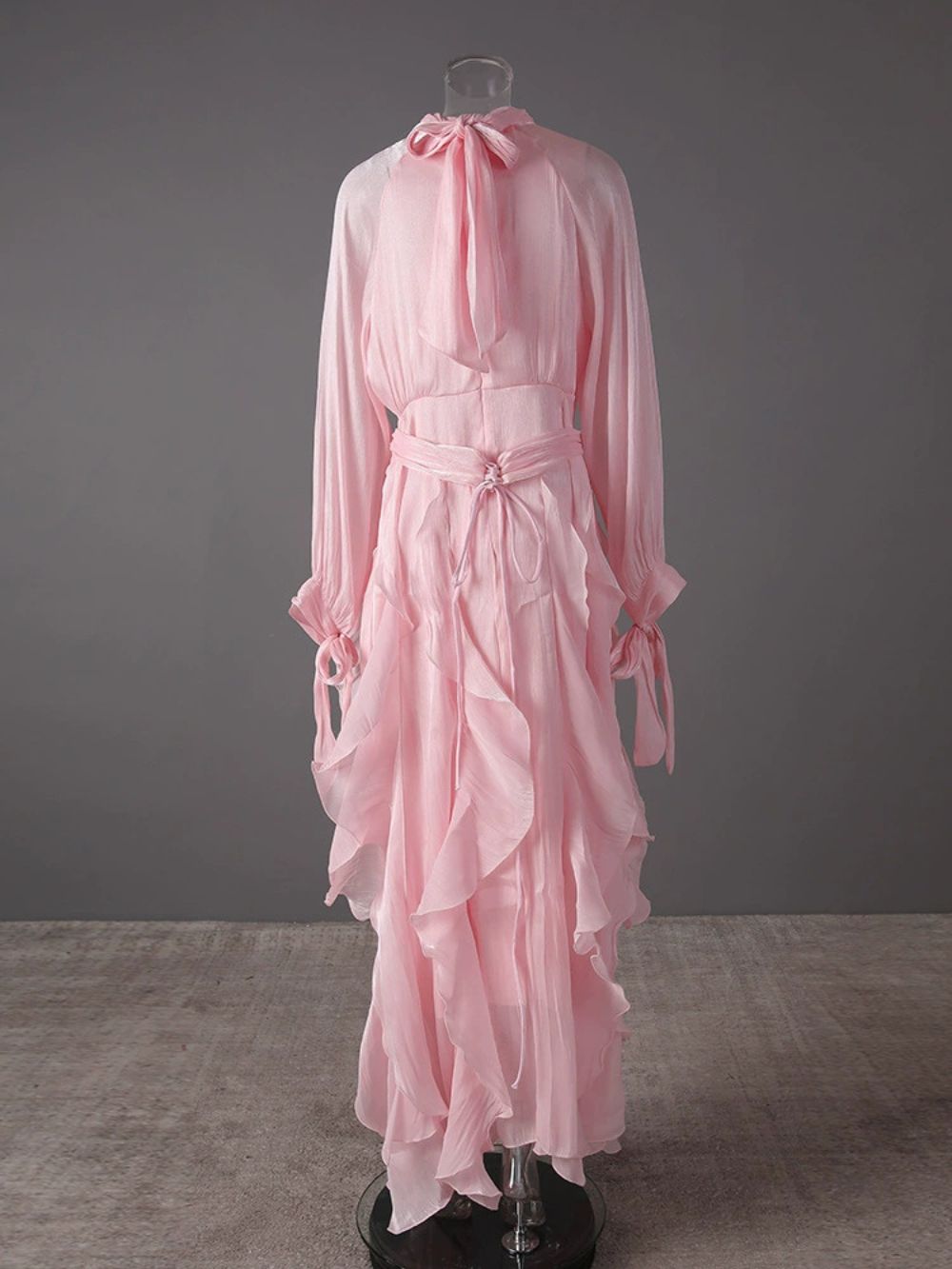 Champagne Shimmer Chiffon High Neck Tie Cuff Ruffled Maxi Gown - OWNCI Champagne Shimmer Chiffon High Neck Tie Cuff Ruffled Maxi Gown - OWNCI