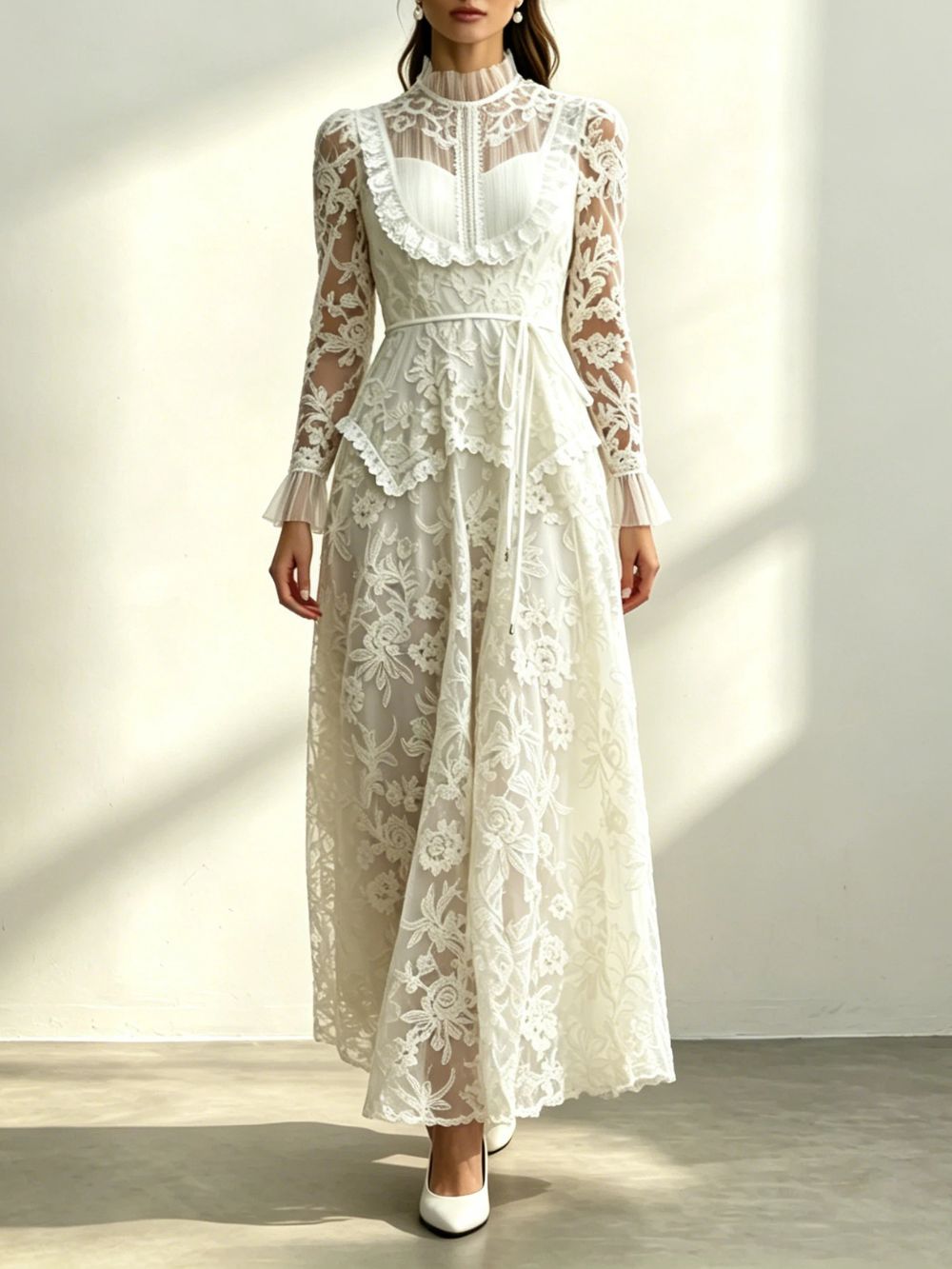 Cream Floral Lace Ruffle High Neck Long Sleeve Belted Maxi Dress - OWNCI