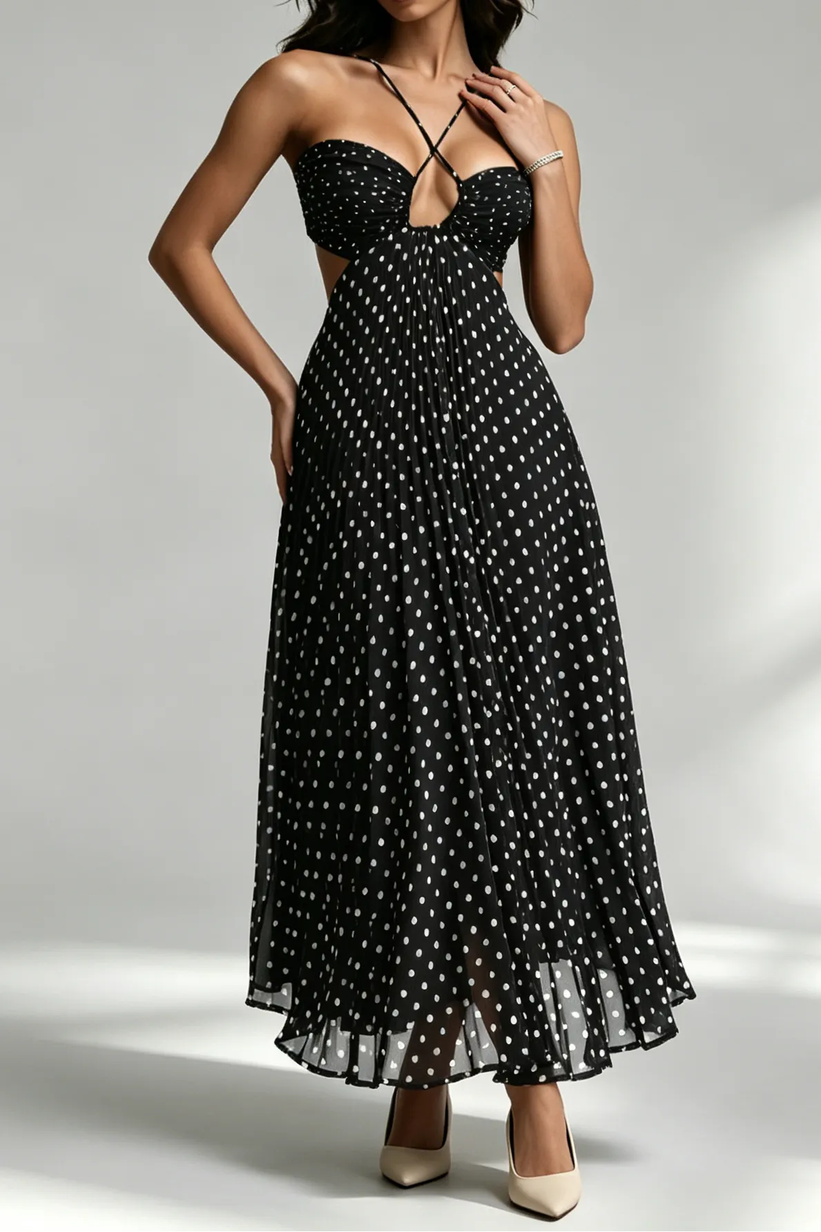 Black White Polka Dot Crisscross Strappy Cutout Pleated Midi Dress - OWNCI Black White Polka Dot Crisscross Strappy Cutout Pleated Midi Dress - OWNCI