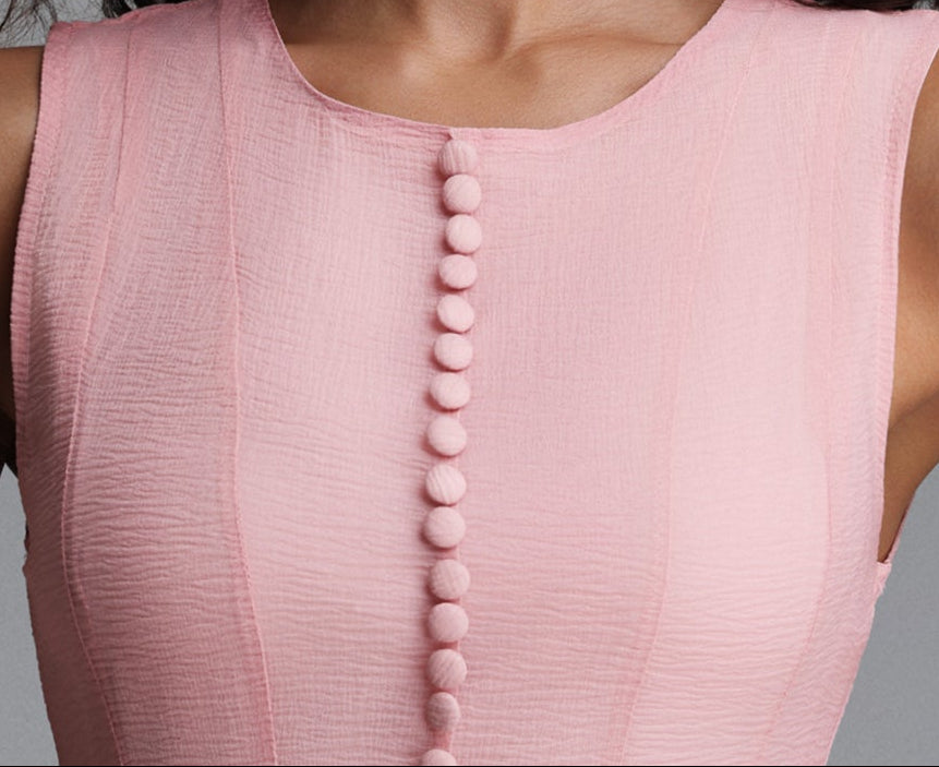 Blush Pink Crew Neck Sleeveless Vertical Button Front Flared Ruffle Hem Midi Dress - OWNCI Blush Pink Crew Neck Sleeveless Vertical Button Front Flared Ruffle Hem Midi Dress - OWNCI