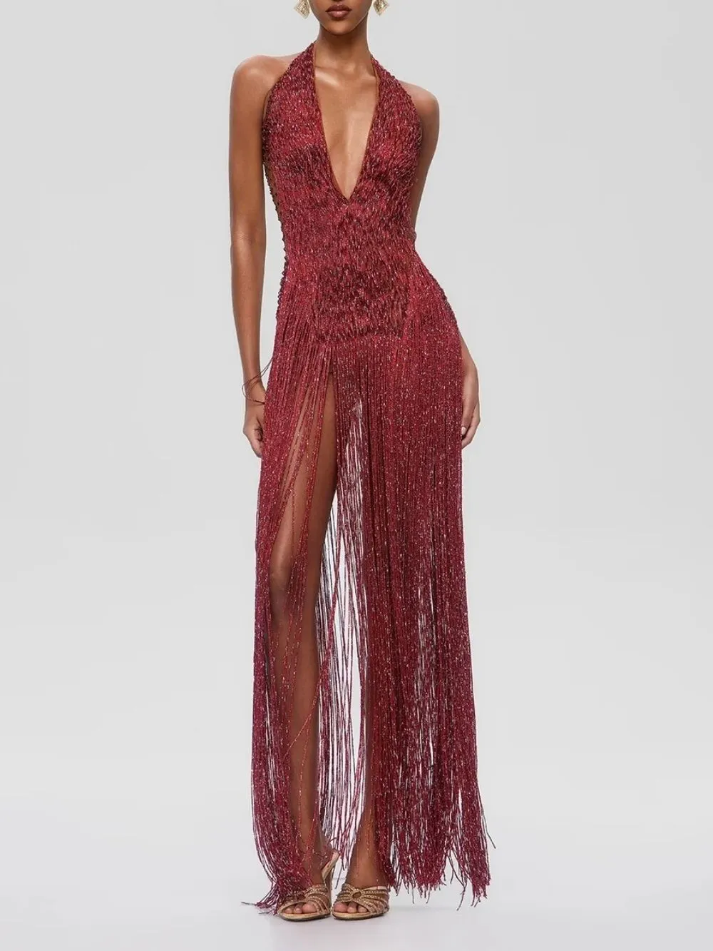 Grixel Plunge Neck Fringe Maxi Dress - OWNCI Grixel Plunge Neck Fringe Maxi Dress - OWNCI