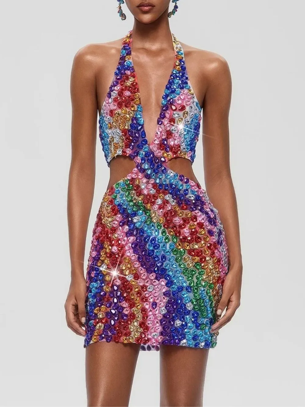 Arqelis Plunge Neck Crystal Cutout Mini Dress - OWNCI Arqelis Plunge Neck Crystal Cutout Mini Dress - OWNCI