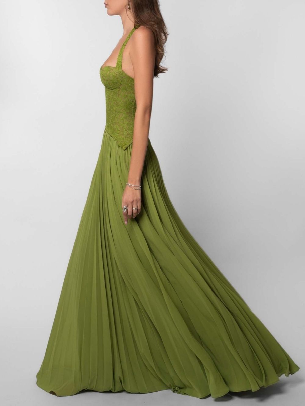 Marsali Green Halter Lace Pleated Maxi Dress - OWNCI Marsali Green Halter Lace Pleated Maxi Dress - OWNCI
