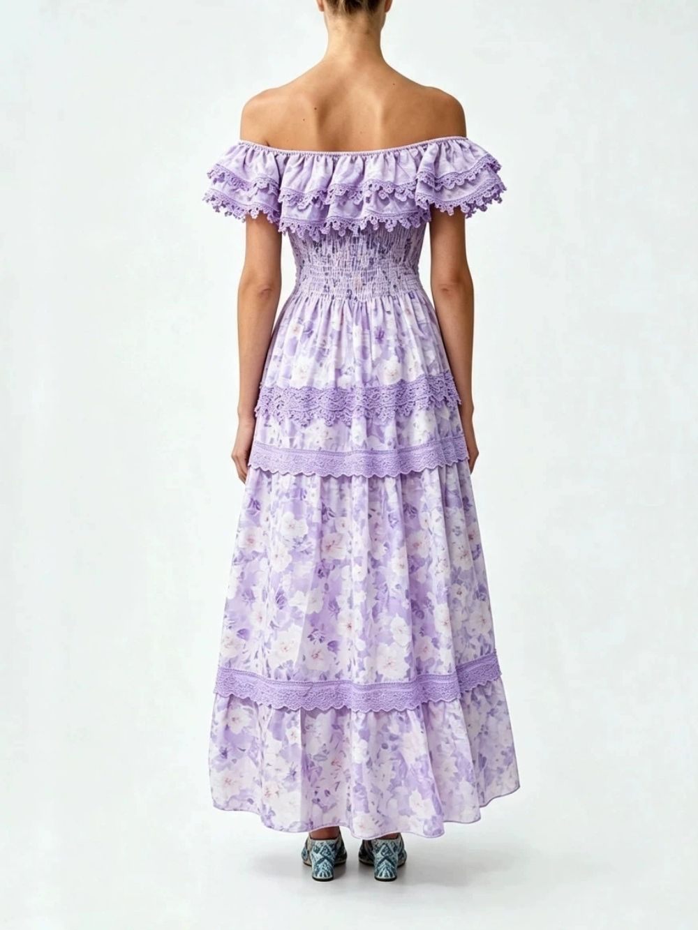 Maribel Purple Floral Off-Shoulder Maxi Dress - OWNCI