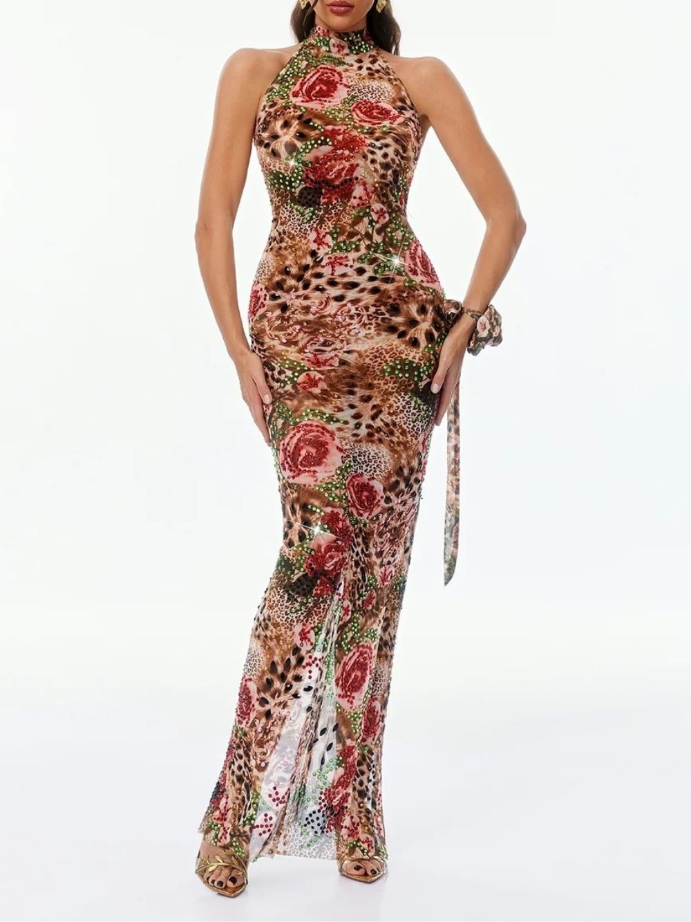 Gemala Halterneck Printed Rhinestone Dress - OWNCI Gemala Halterneck Printed Rhinestone Dress - OWNCI