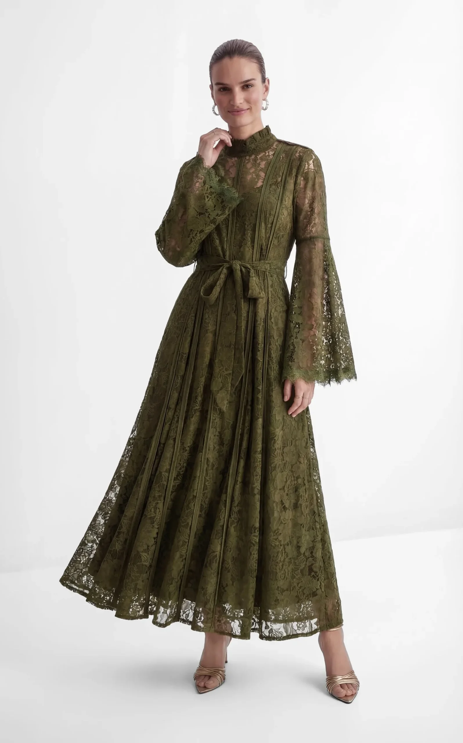 Olive Green Floral Lace High Neck Bell Sleeve Self-Tie Waist Maxi Dress - OWNCI