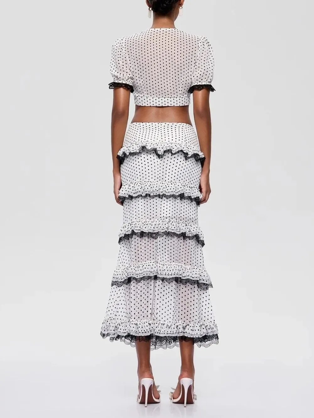 Franny V Neck Lace Ruffle Dot Skirt Set - OWNCI