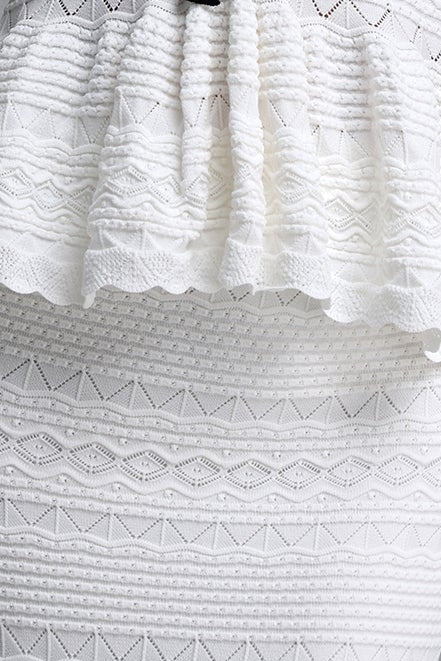 White Hollow Knit V-Neck Bow Peplum Vest Mermaid Skirt Two-Piece Set - OWNCI