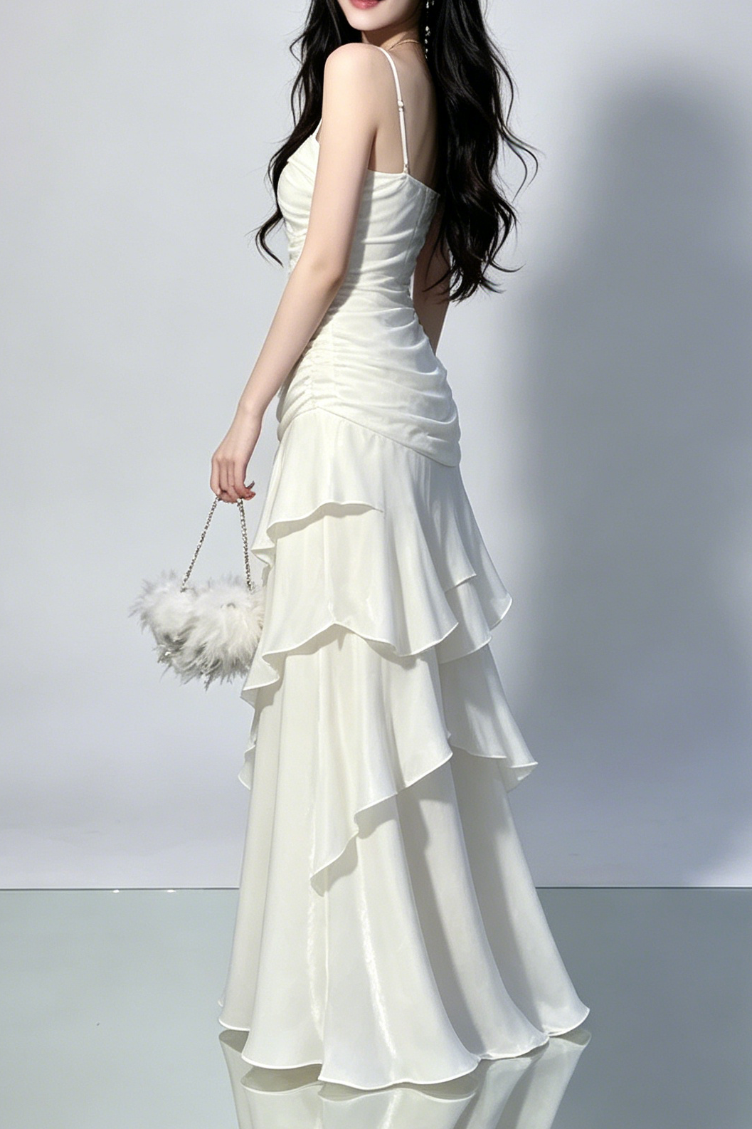 Side Ruched Tiered Ruffle Satin Spaghetti Strap Maxi Dress - OWNCI