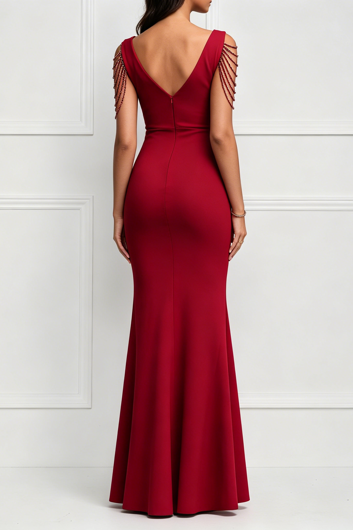 Burgundy 3D Floral Bead Tassel Ruffle High Slit Mermaid Maxi Gown - OWNCI Burgundy 3D Floral Bead Tassel Ruffle High Slit Mermaid Maxi Gown - OWNCI