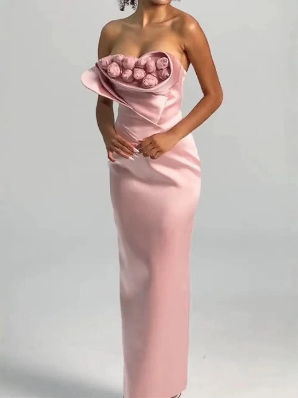 b4677451d389c4fb7b8af0053789cee9 Manju Pink Strapless Flower Maxi Dress