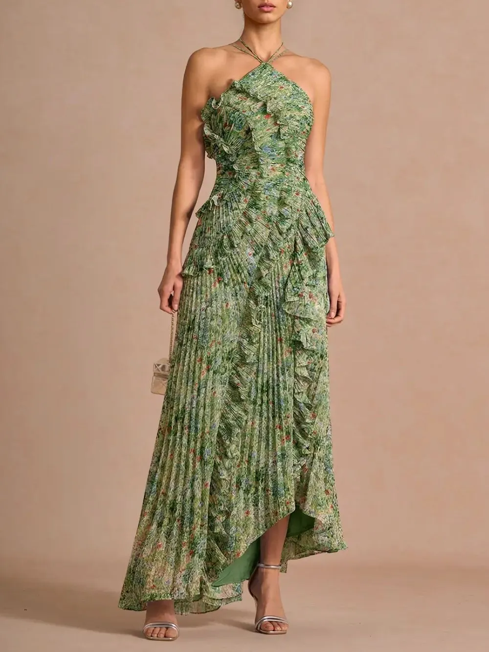 Finneas Green Floral Halter Pleated Maxi Dress - OWNCI