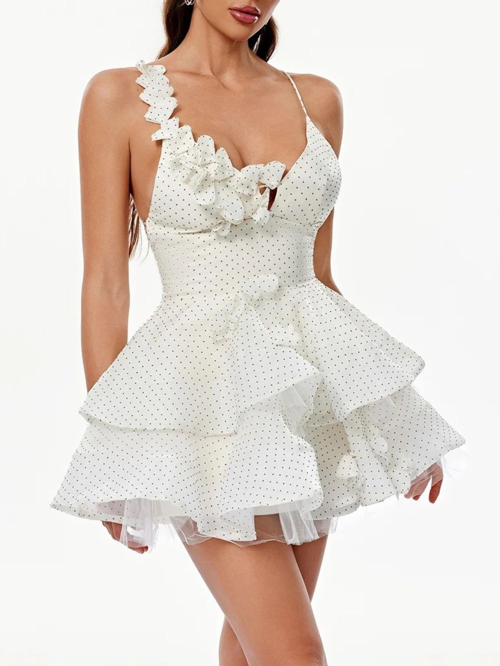 Xexis V Neck Tiered Dot Mini Dress In White - OWNCI Xexis V Neck Tiered Dot Mini Dress In White - OWNCI