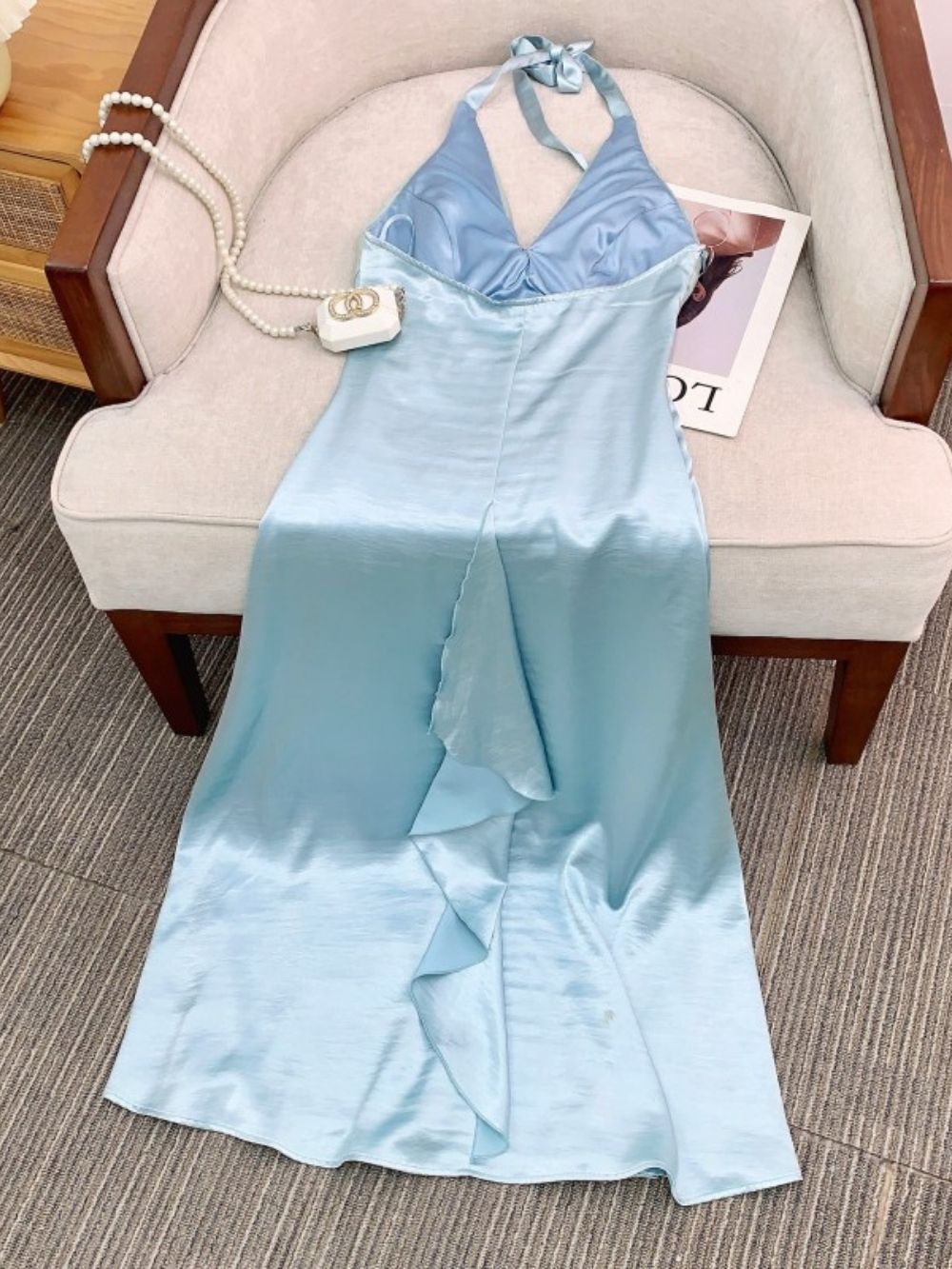 Malone Blue Satin Halter Flower Embellished Maxi Dress - OWNCI Malone Blue Satin Halter Flower Embellished Maxi Dress - OWNCI