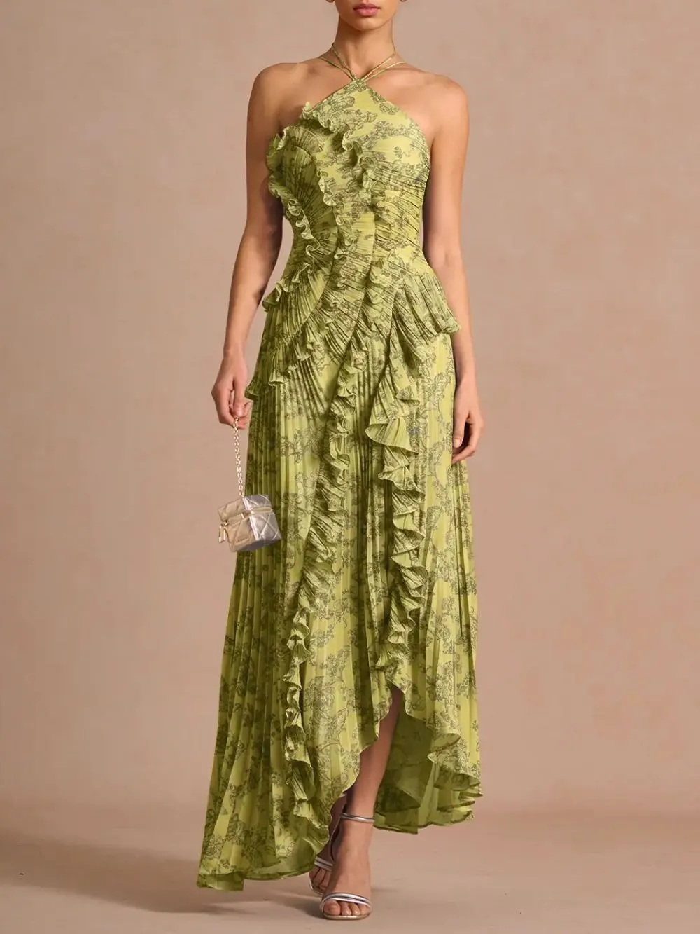 Finneas Olive Green Halter Pleated Maxi Dress - OWNCI Finneas Olive Green Halter Pleated Maxi Dress - OWNCI