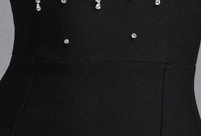Black Stand Collar Statement Puff Shoulder Floral Rhinestone Fitted Midi Formal Dress - OWNCI
