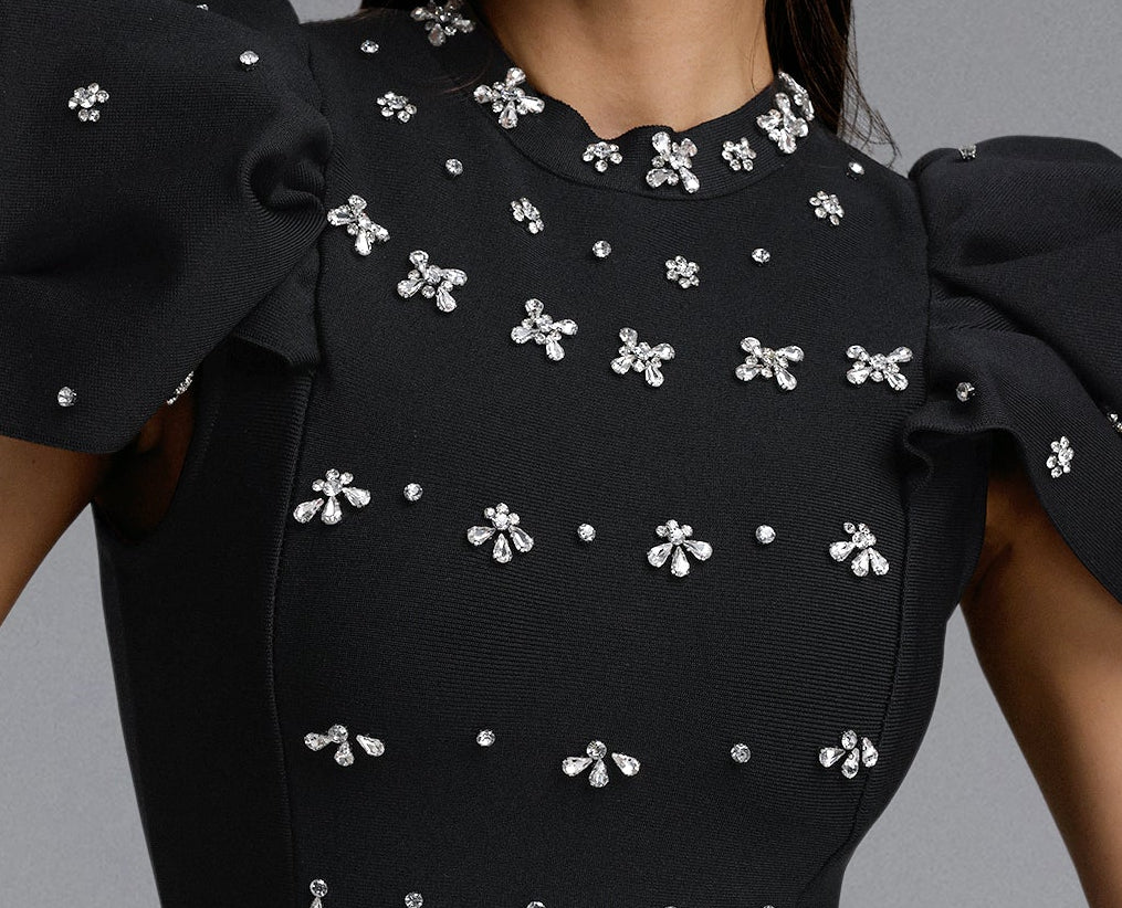 Black Stand Collar Statement Puff Shoulder Floral Rhinestone Fitted Midi Formal Dress - OWNCI