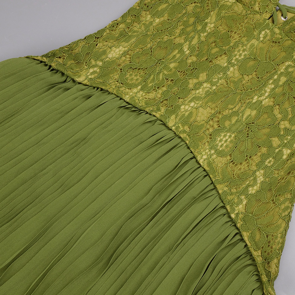 Marsali Green Halter Lace Pleated Maxi Dress - OWNCI Marsali Green Halter Lace Pleated Maxi Dress - OWNCI