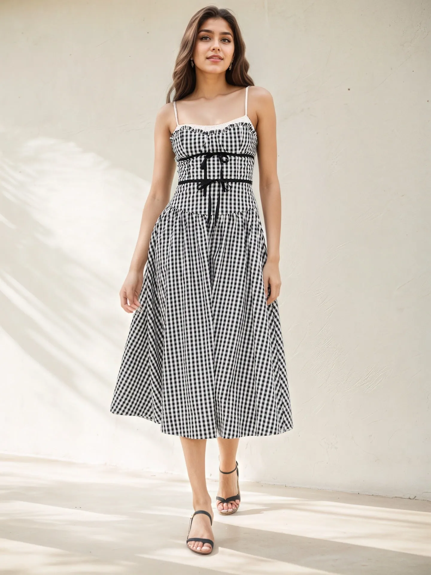 Black White Gingham Ruffle Cami Self-Tie Waist Flowy Midi Dress - OWNCI
