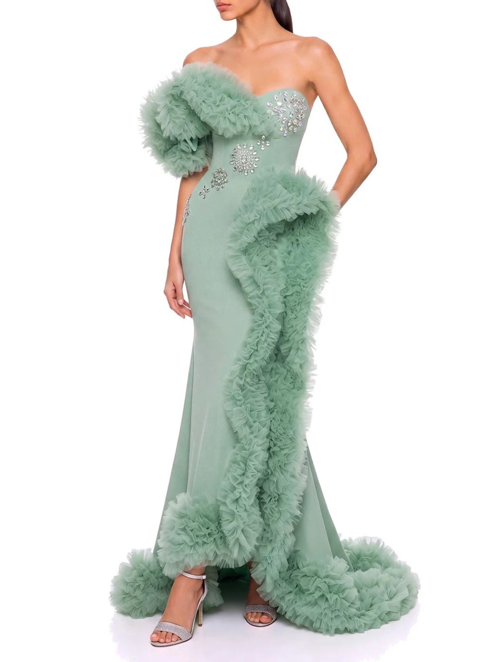 Zynaris One Shoulder Crystal Tulle Maxi Dress - OWNCI