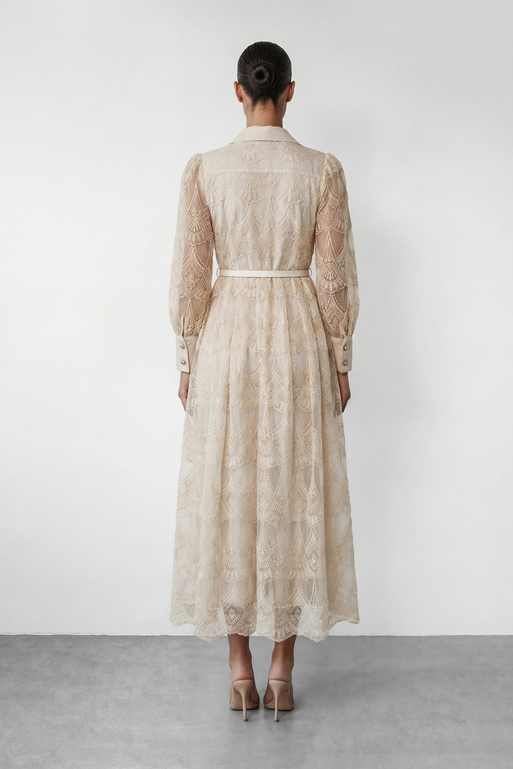 Cream Embroidery Lapel Long Sleeve Belted Midi Shirt Dress With 3D Rose Brooch - OWNCI Cream Embroidery Lapel Long Sleeve Belted Midi Shirt Dress With 3D Rose Brooch - OWNCI