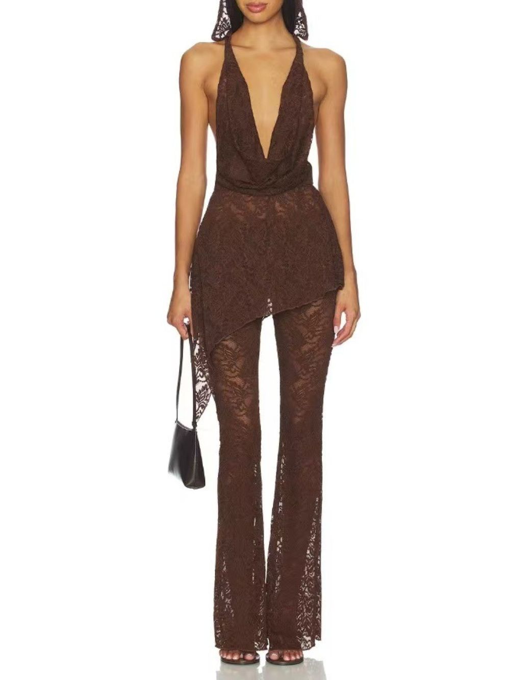Senora Cowl Neck Lace Flared Pants Set In Coffee - OWNCI Senora Cowl Neck Lace Flared Pants Set In Coffee - OWNCI