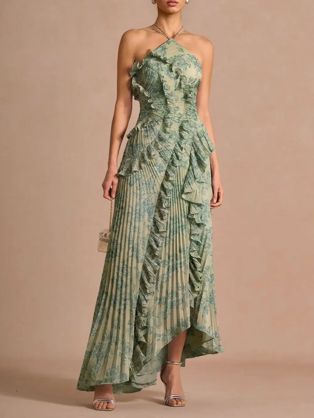 Finneas Platinum Teal Halter Pleated Maxi Dress - OWNCI