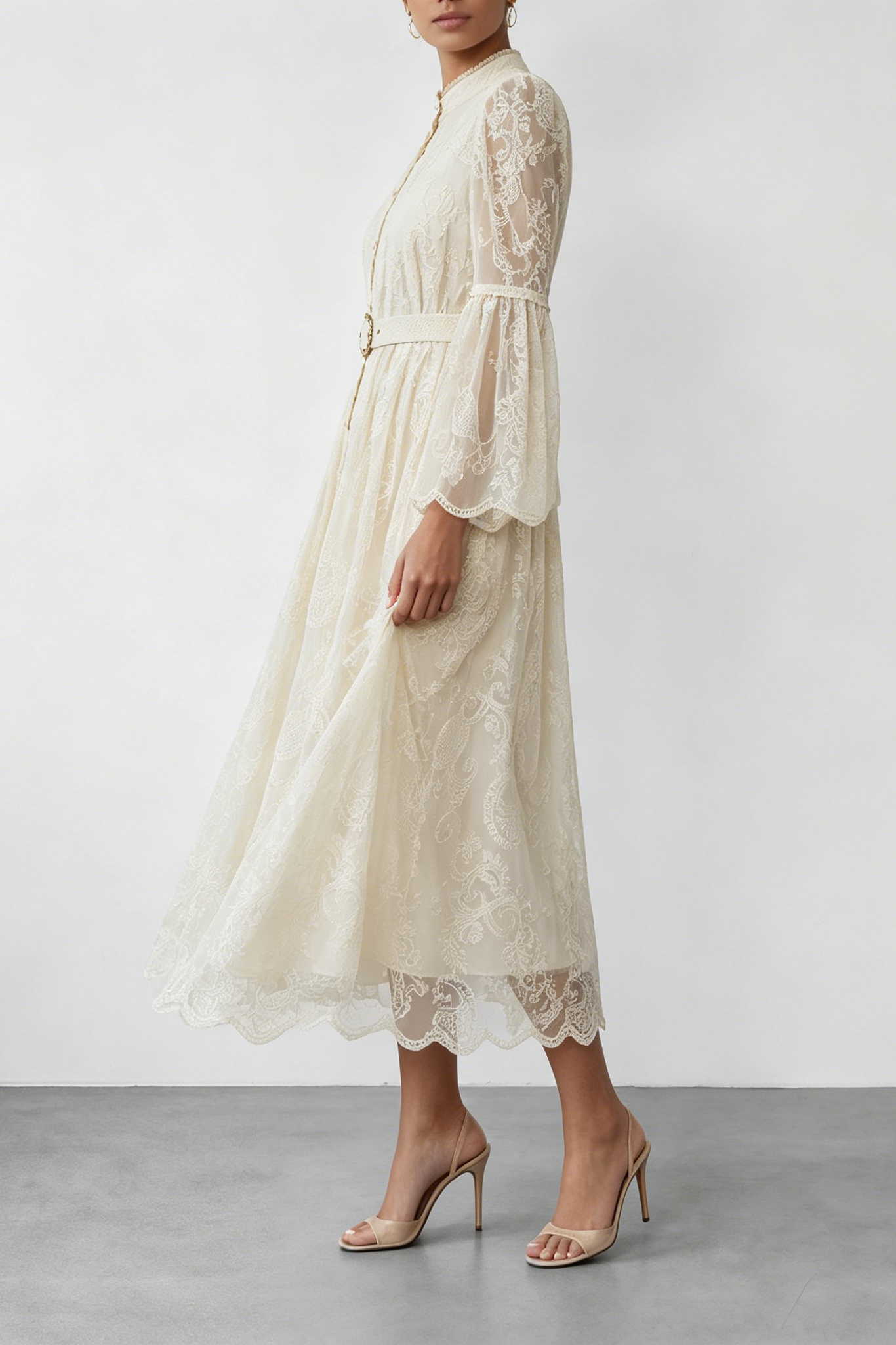 Cream Embroidery Lace Stand Collar Bell Sleeve Belted Midi Shirt Dress - OWNCI Cream Embroidery Lace Stand Collar Bell Sleeve Belted Midi Shirt Dress - OWNCI