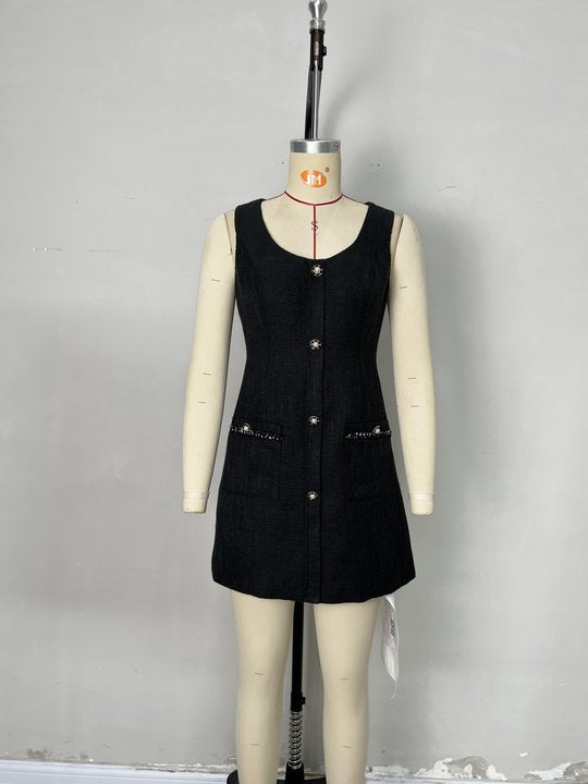 Black Tweed Scoop Neck Sleeveless Gold Button Pocket Mini Dress - OWNCI