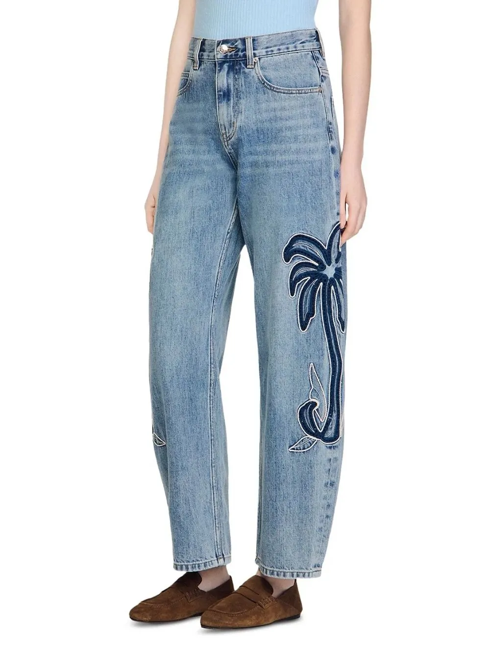 Palm Embroidered Wide Leg Barrel Jeans in Blue Jean - OWNCI Palm Embroidered Wide Leg Barrel Jeans in Blue Jean - OWNCI