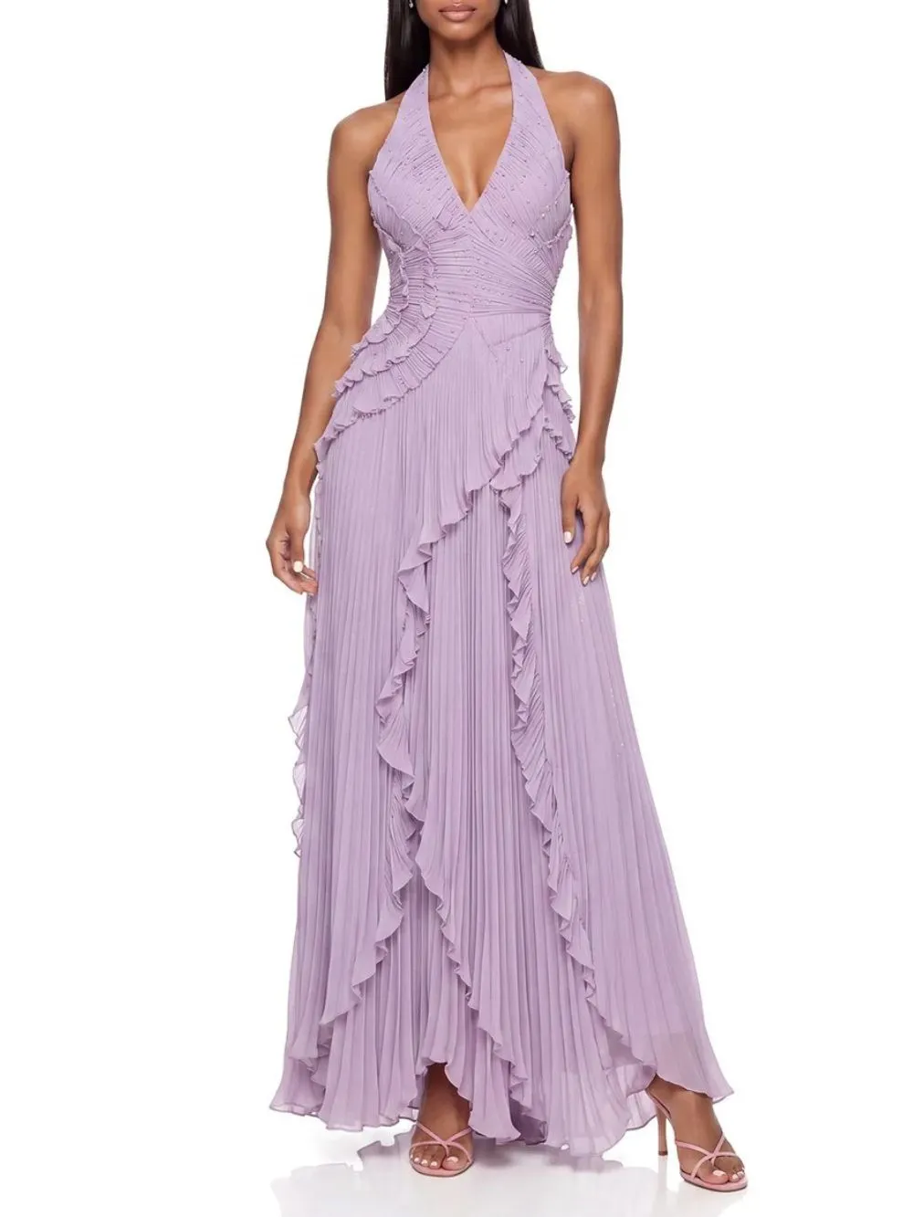 Beldora V Neck Ruffle Pleated Maxi Dress - OWNCI Beldora V Neck Ruffle Pleated Maxi Dress - OWNCI
