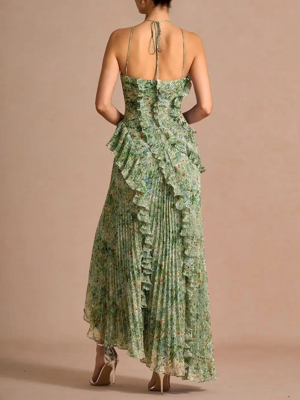 Finneas Green Floral Halter Pleated Maxi Dress - OWNCI