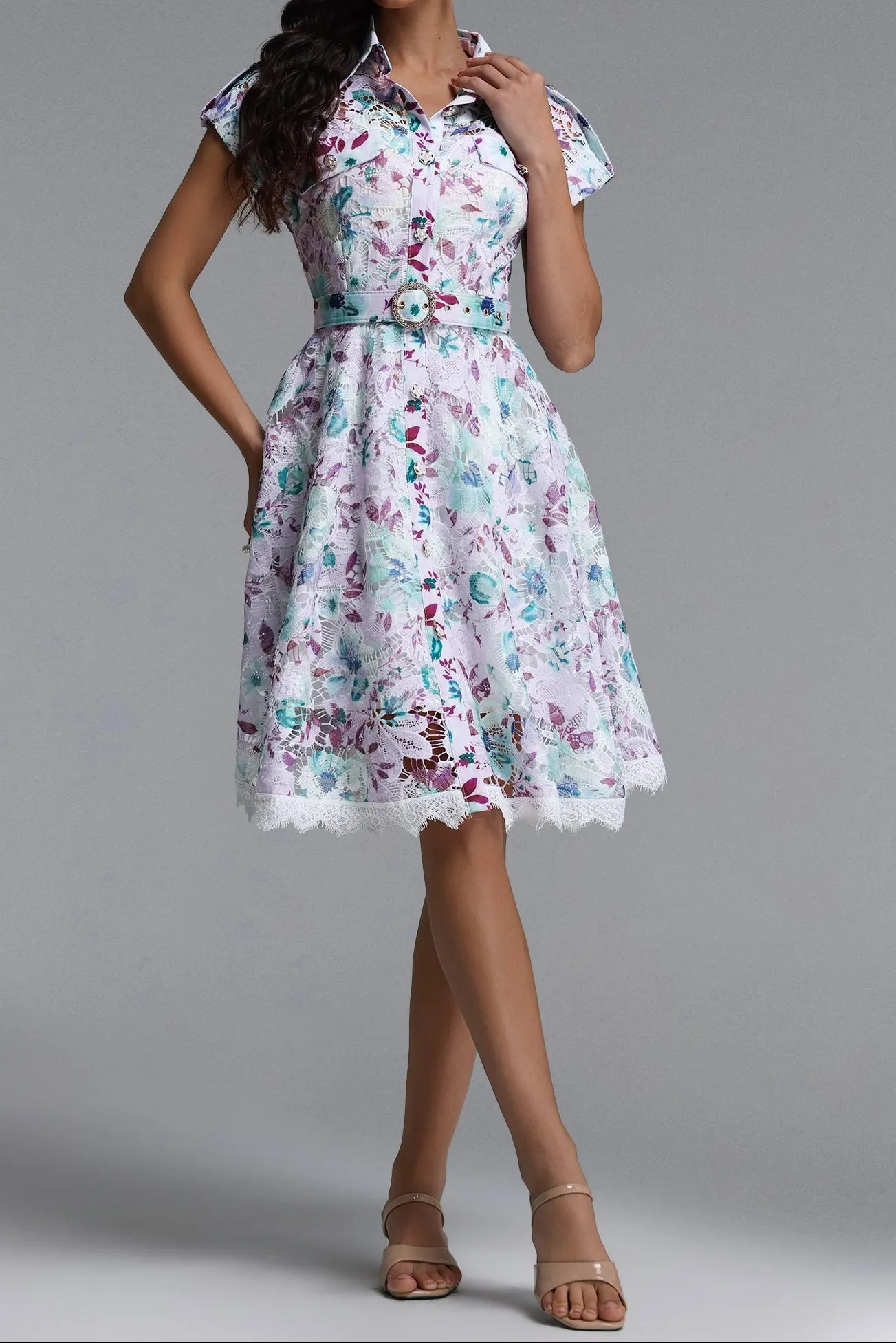Pastel Floral Lace Collared Fit & Flare Midi Dress with Belt - OWNCI Pastel Floral Lace Collared Fit & Flare Midi Dress with Belt - OWNCI