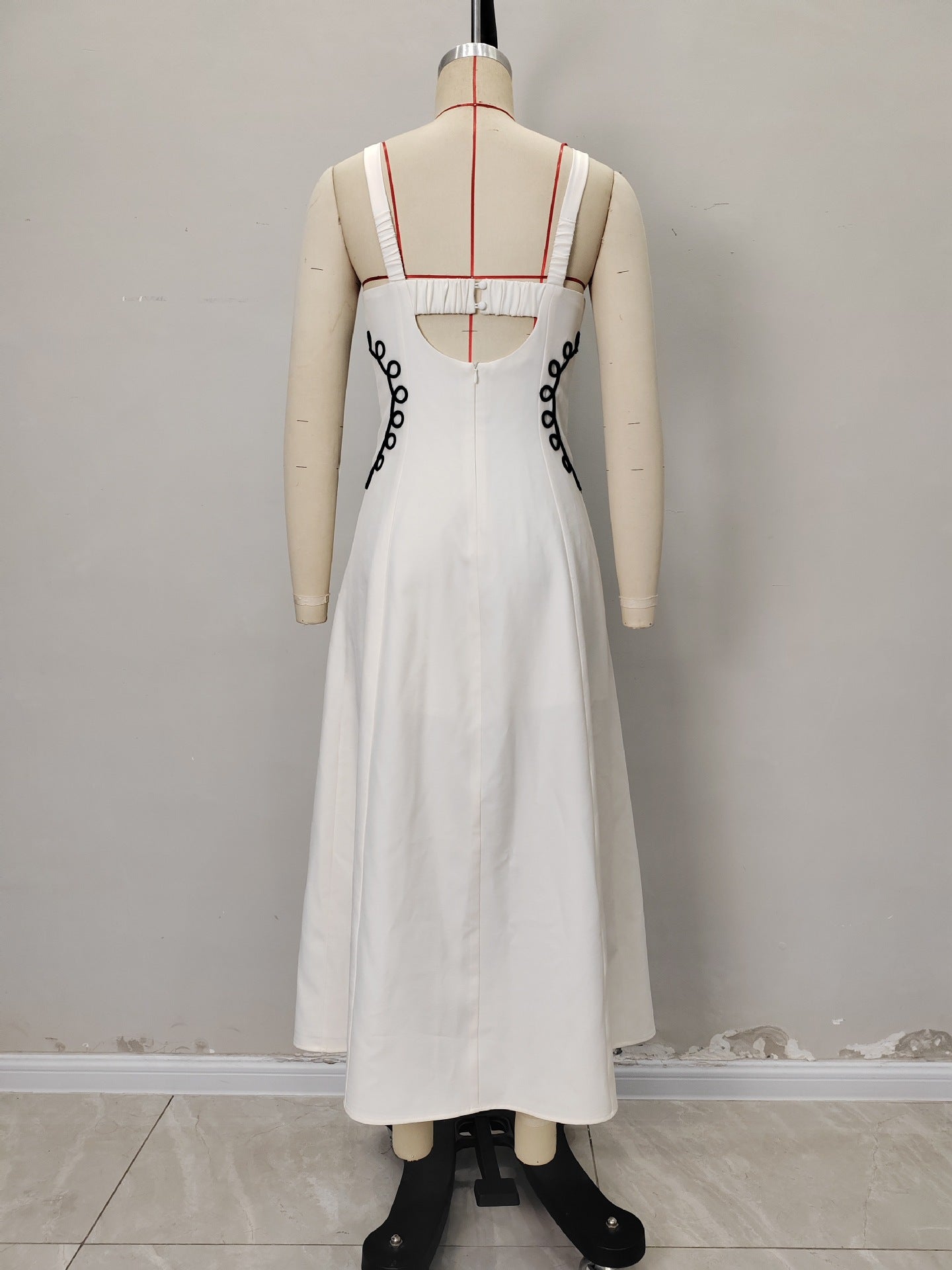 Cream Square Neck Sleeveless Black Loop Embroidery Flared Midi Dress - OWNCI