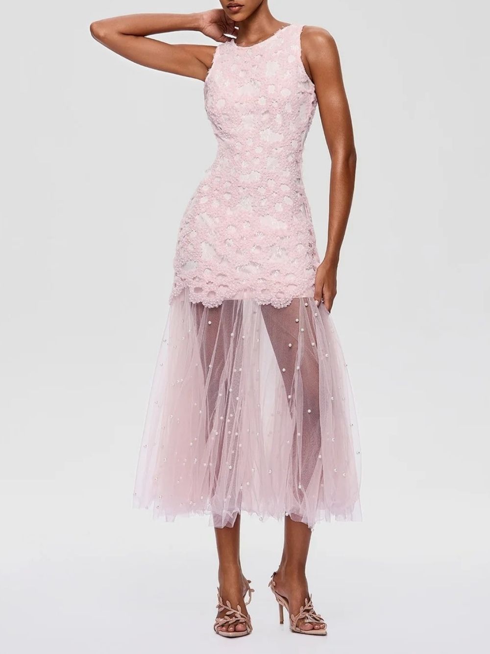 Kryndel Sleeveless Pearl Mesh Midi Dress - OWNCI